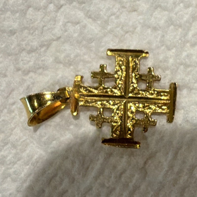 18k Yellow Gold Signed Jerusalem Cross Pendant Religious Charm, No Stone