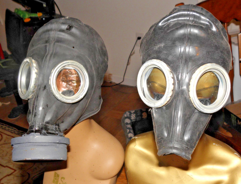 A PAIR (2) SOVIET GP-5 GAS MASKS (ONE MODIFIED) ONE WITHOUT FILTER (BOTH NR)