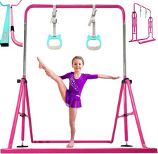 Folding Kids Gymnastics Bar w/ Rings Sturdy Kip Bar Horizontal Home Gym