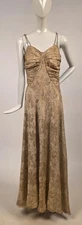 1930’S MILGRIM FLORAL GOLD LAME DRESS W RUCHED BUST - AS ACQUIRED FR MUSEUM