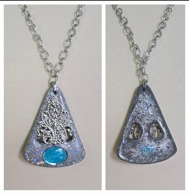 Handcrafted Silver Blue Resin Glass Triangle Pendant Necklace Filigree Cosplay
