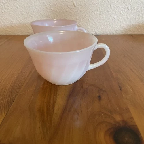 Fire King Oven Ware Vintage Pink Swirl Tea Cups Coffee Cups Set Of 2