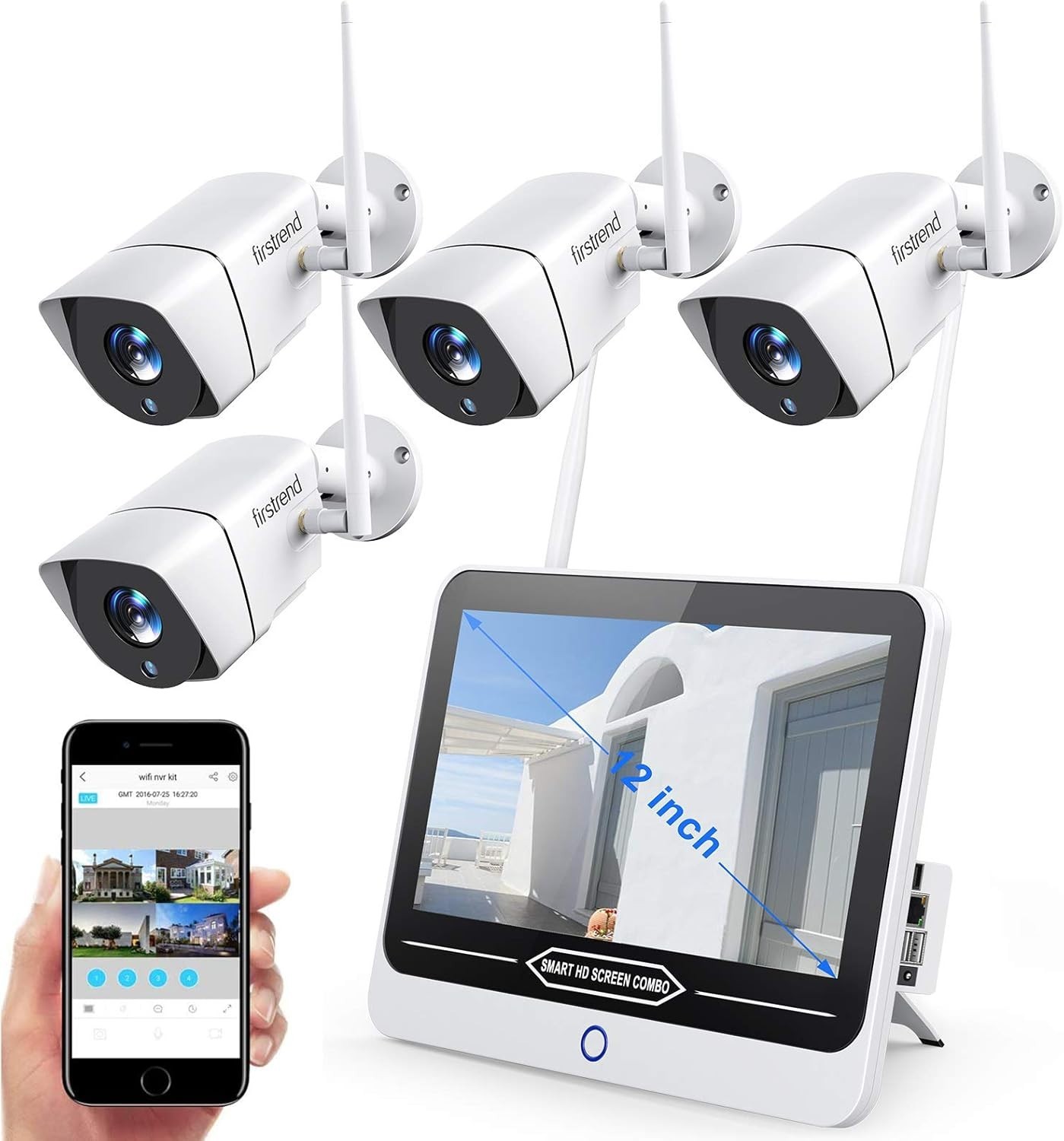 1080P 8Ch Wireless Home Security Camera System With 12 Inch Monitor Night Vision