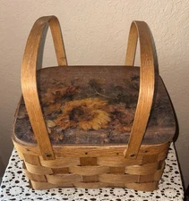 Super Nice Sunflower Top Older Wooden French Picnic Basket