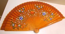 Vintage Spanish Spain Wood Fan Hand Painted 2 Sided Floral Design 16" Across