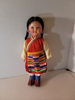 Vintage 1950s Celluloid Chinese Ethnic Minority Doll - Tibetan Girl Folk Costume