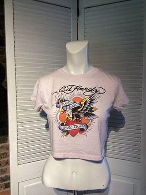 Ed Hardy Women s Pink Crop Top T-Shirt Eagle Heart Brave Hearts Stay True Y2K