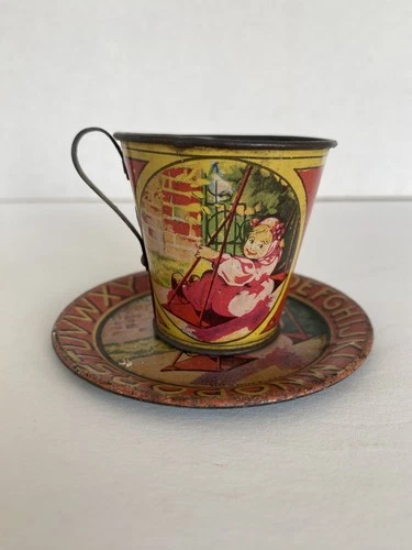 Vintage Ohio Art Tin Cup & Saucer With Alphabet And Little Girl On Swing