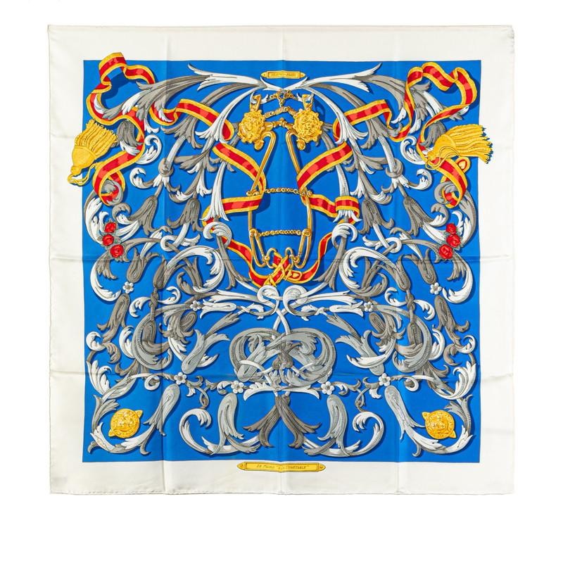 ●Hermes Carre90 Le Mors A La Conetable Scarf White Multicolor Silk Women'S