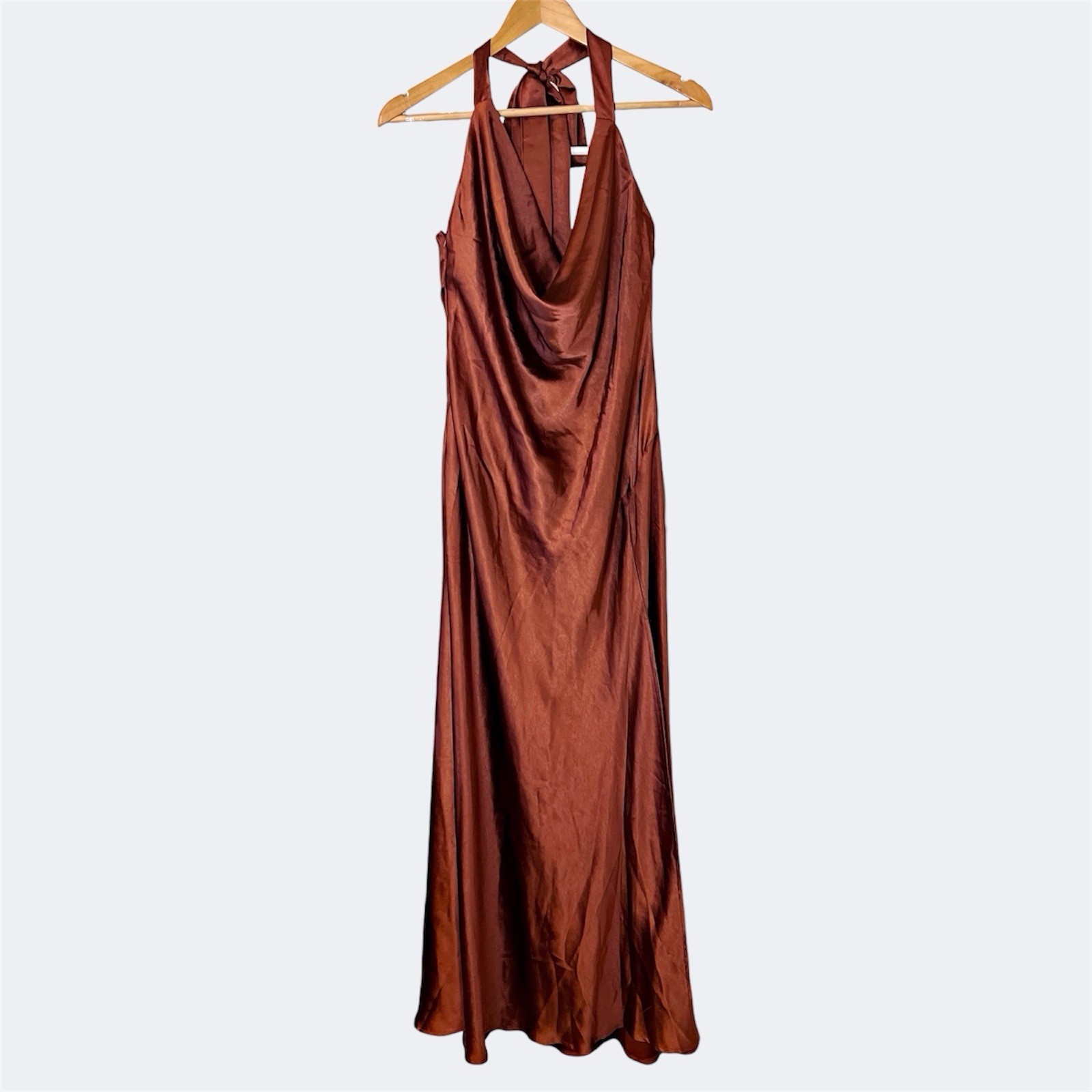 Billy J Sian Halter Maxi Dress AU 16 / US 12 / XXL Satin Tie Leg Slit Rust NWT image 5