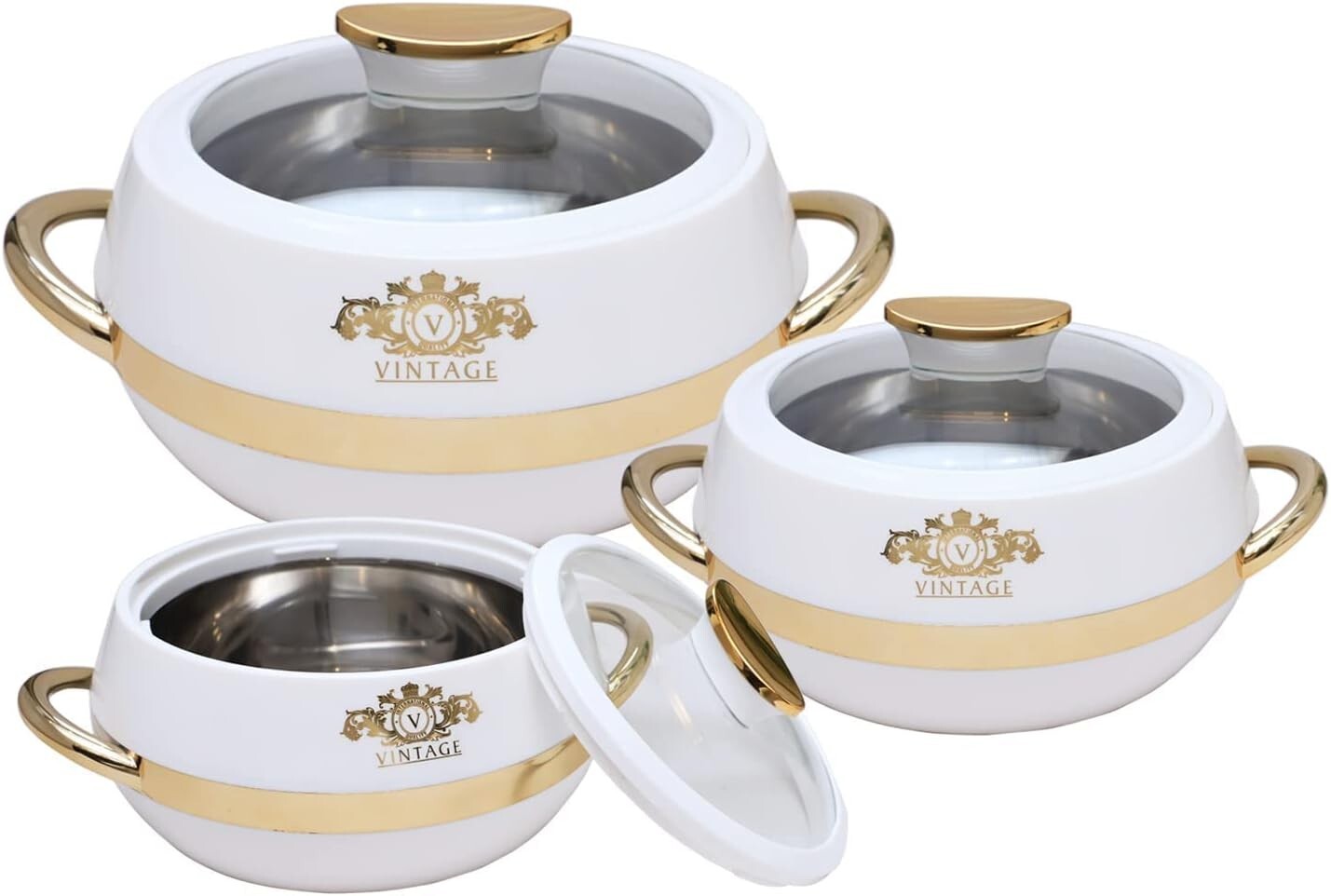 Kajal Set mit 3 Thermoschüsseln aus Edelstahl für Lebensmittel mit Warmhalteschü