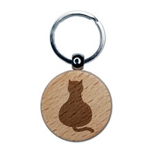 Cat Sitting Back Solid Engraved Wood Round Keychain Tag Charm