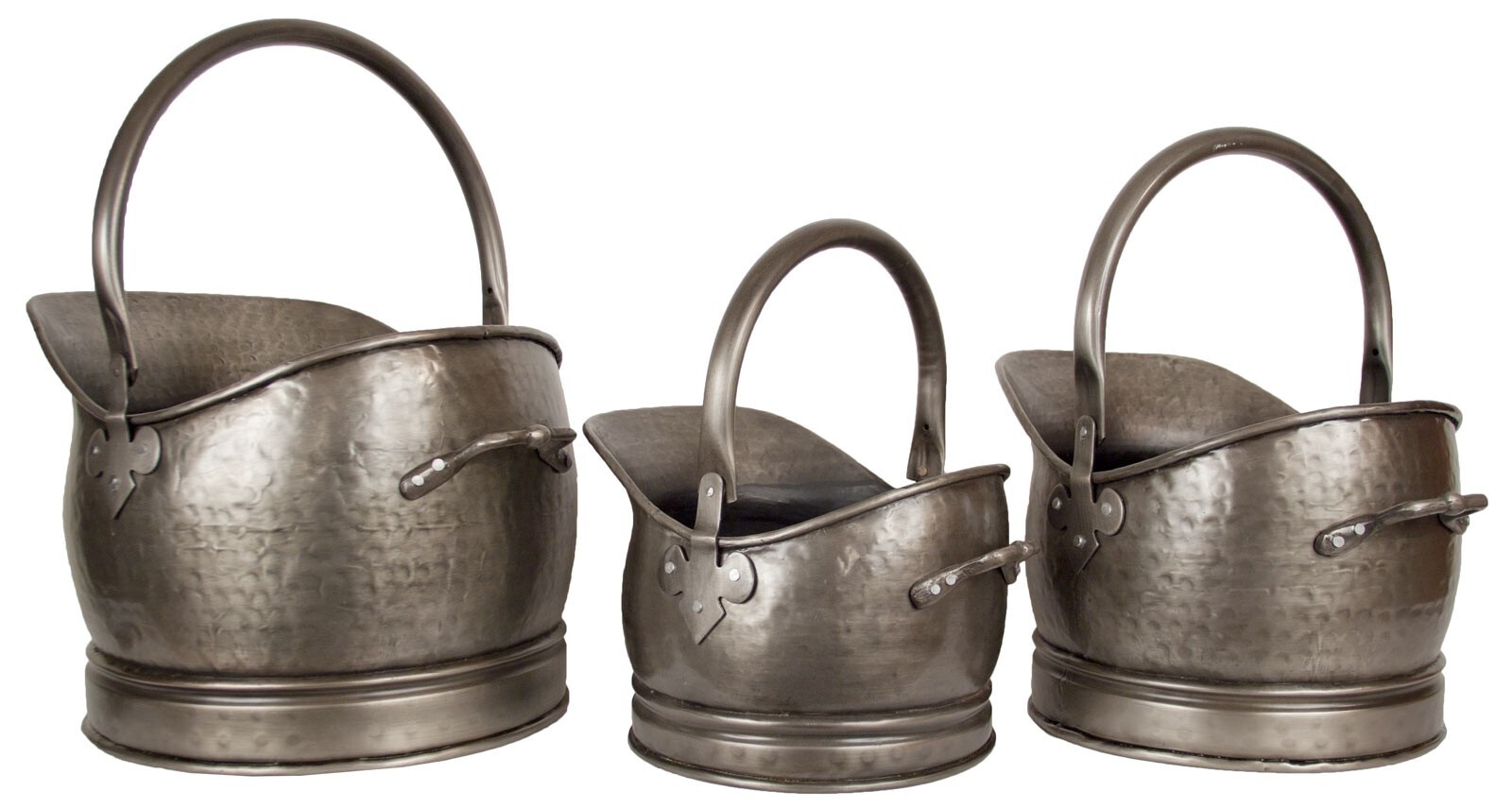 SET OF 3 HEAVY DUTY COAL SCUTTLES BUCKETS HODS ANTIQUE PEWTER FINISH