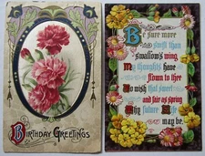Birthday Postcards Silk Carnation Poem Flowers 2 Antique Postcards 