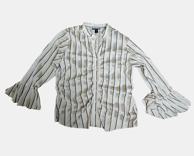Ashley Stewart Striped Split Neck Button Up Blouse Top Bell Sleeve Womens 18 NWT