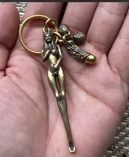 Collect brass figurine male genital statue Naked Beauty Penis Ear Pick Key Chain