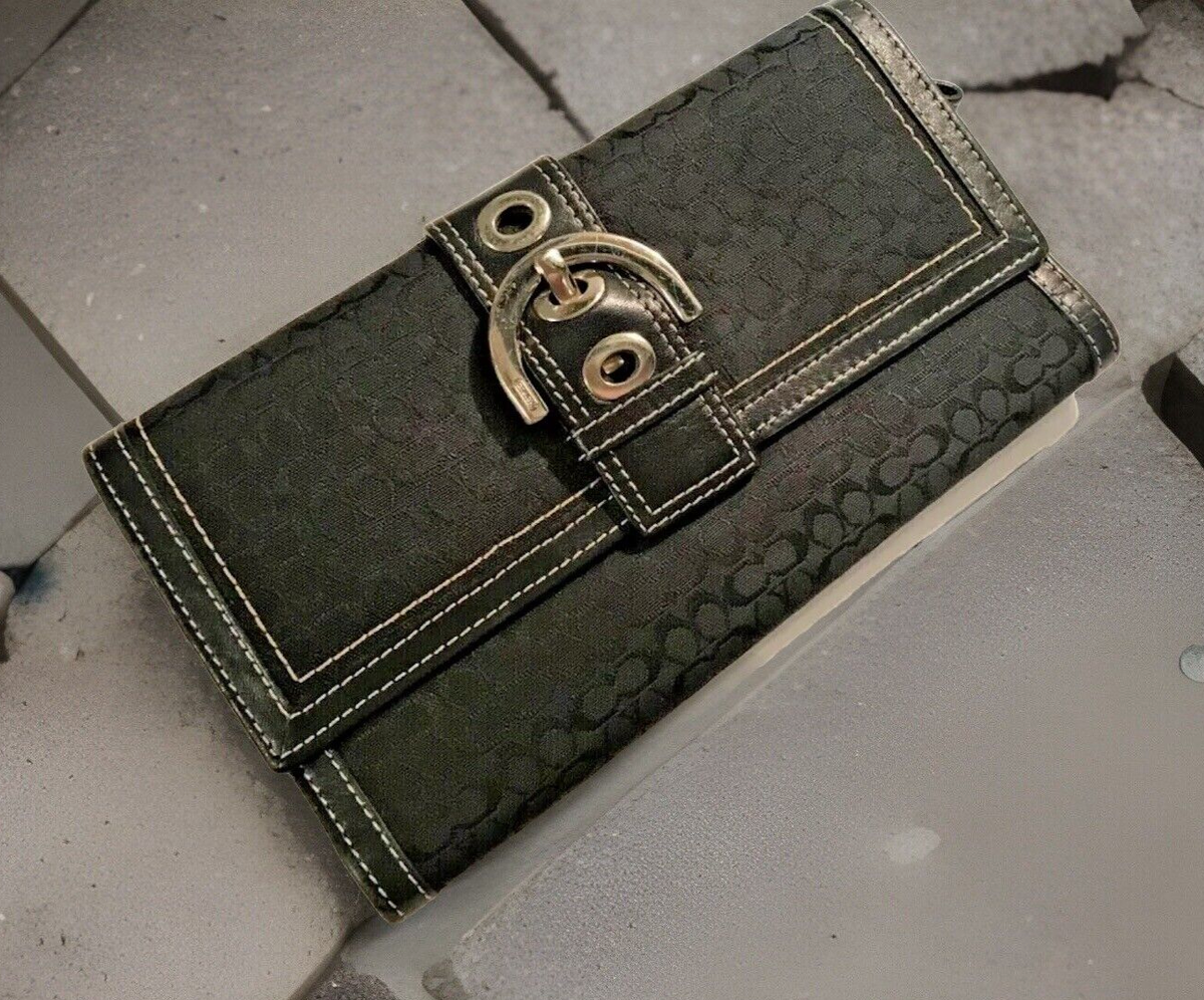 Coach Black & Black Jacquard Fabric Mini Signature Buckle Trifold