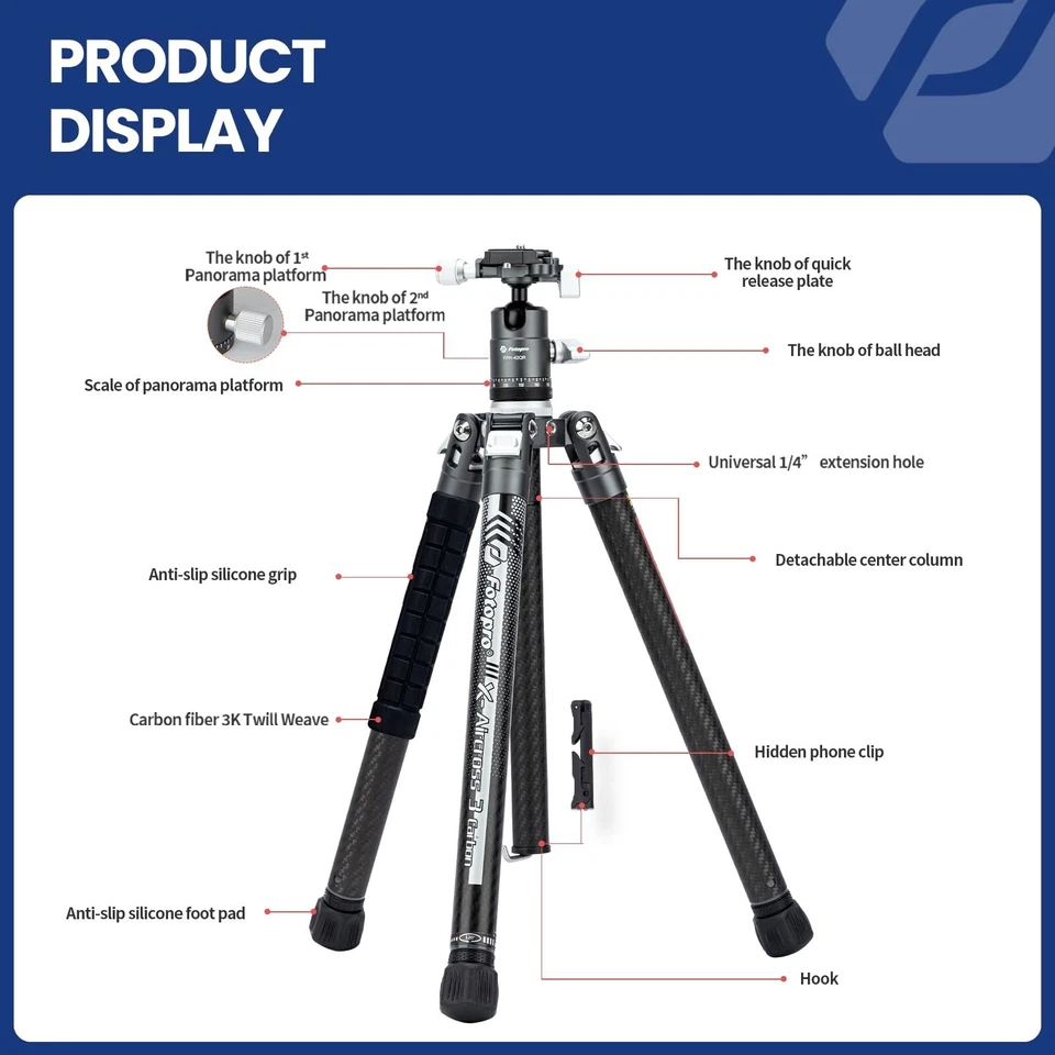 Fotopro 62Inch X-Aircross3 Lightweight Travel Camera Tripod 360 Ball Head. Grey - Image 3 of 4