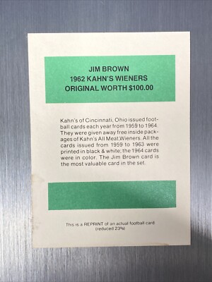 REPRINT Jim Brown Kahn's 1962 Wieners Cleveland Browns HOF | eBay