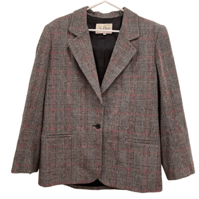 Vtg Nan Elliot Womens Blazer Size 12 1970s Houndstooth Grey Red Plaid Old Money