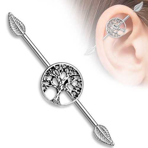 Pair of 14GA Industrial Piercings Barbells Tree of Life and Steampunk Style Bars - Picture 2 of 10