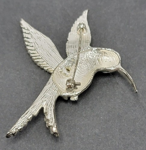 Contemporary Silvertone Figural Hummingbird Brooch Pin Light Blue Green Enamel - Picture 5 of 10