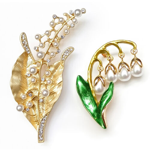 2pcs Brooch Lily of The Valley White Pearl Flower Gold Green Leaves Elegant Pin - Picture 1 of 7