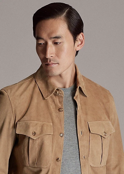 Men's Beige Suede Shirt Real Soft Sheepskin Suede Causal Overshirt - Image 2 of 4