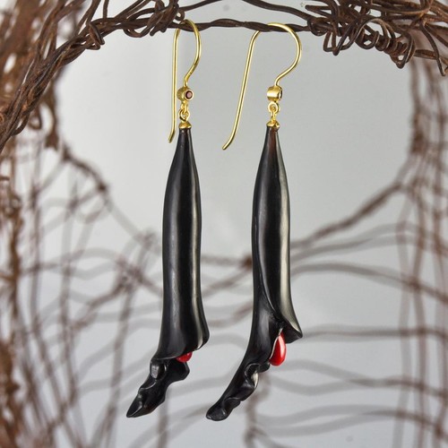Flower Earrings Nero Clacson,Corallo Rosso,Rubino & Oro Vermiglio Argento 5.95g - Foto 4 di 14
