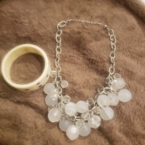 Set of 2 Silver Tone Necklace, and  Domino Ivory ColoredBracelet Costume Jewelry