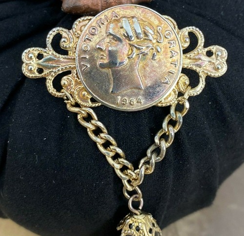 Victorian Revival Victoria Gratia Coin Chatelaine Brooch Black Dangle Drop - Picture 4 of 6