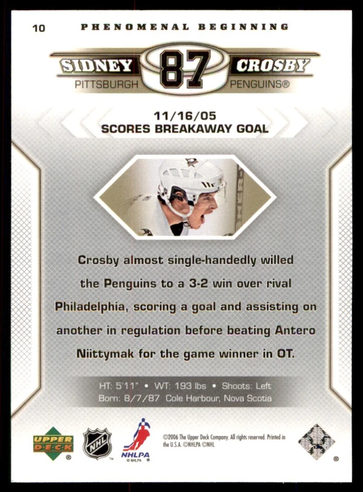 2005-06 Upper Deck Phenomenal Beginning Sidney Crosby Pittsburgh Penguins #10 - Image 2 of 2