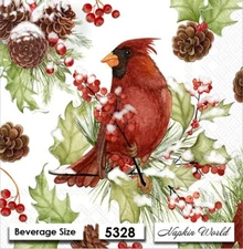 (5328) TWO Paper BEVERAGE / COCKTAIL Decoupage Art Craft Napkins - CARDINAL BIRD