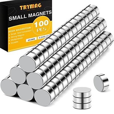 TRYMAG 100 Pcs, 6x3mm Small Round Refrigerator Magnets, 100Pcs, Silver 