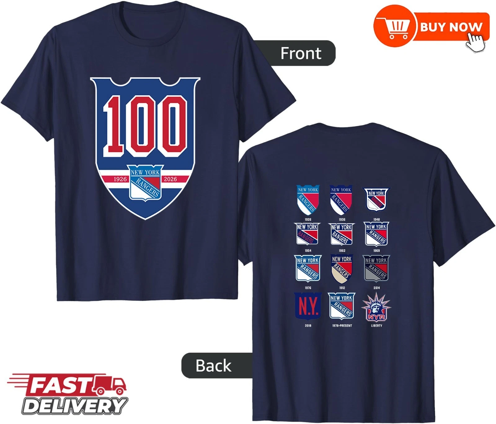New York Rangers 100th Anniversary 1926-2026 Double Sided T-Shirt - Full Color, All Sizes