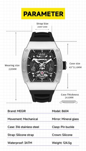 MEGIR Men's Automatic Mechanical Skeleton Watch Silicone Strap 3ATM Luminous - Bild 7 von 22