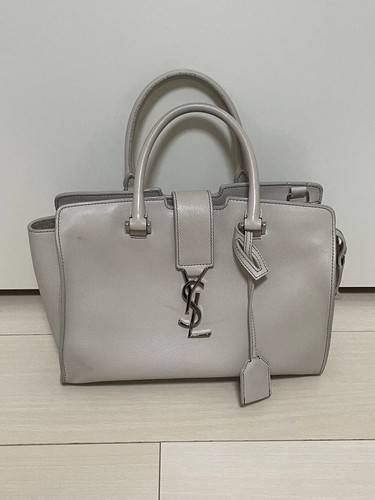 YSL Saint Laurent Baby Cabas Handbag Beige White Silver Logo Women's no Strap