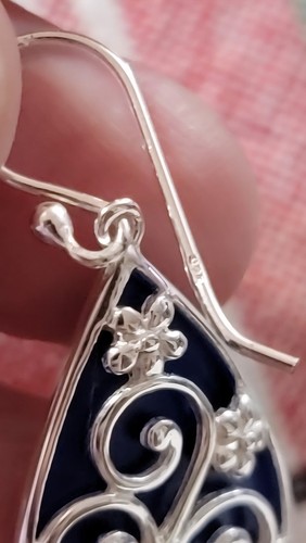 Rekonstituierte Ohrringe Lapis & Sterling Silber 925 floral Teardrop blau - Bild 7 von 9