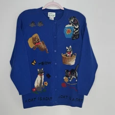 Vtg Quacker Factory, A Cat Is A Cat Cardigan Knit Sweater M Button Bell