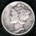 1942 War Time Mercury Silver Dime, F-VF, KM 140, Natural Toning !