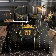 3PCS Black and Gold Comforter Set Queen Size, VIP Luxury Crown Bedding Sets, ...