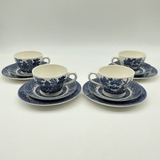 4 Trios Churchill Blue Willow Tea Set Cups Saucers Side Plates England Vintage 