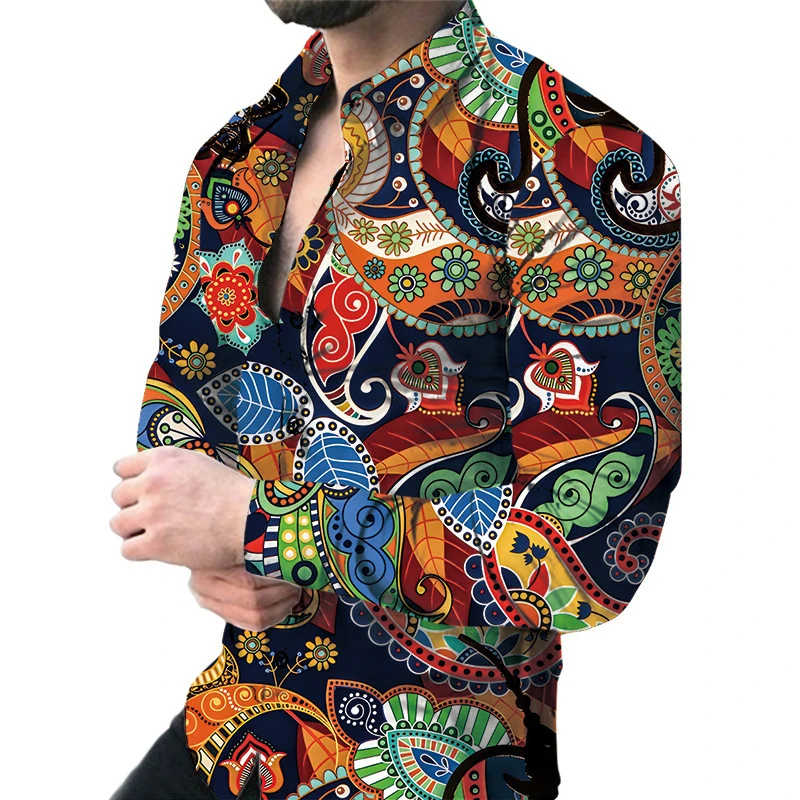 Button Down Shirt Men Fashion Printed Hawaiian Casual Summer Long Sleeve Shirts-image