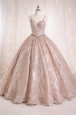 Blush Lace Ball Gown Wedding Dress Sweetheart Neckline Beaded Sleeveless