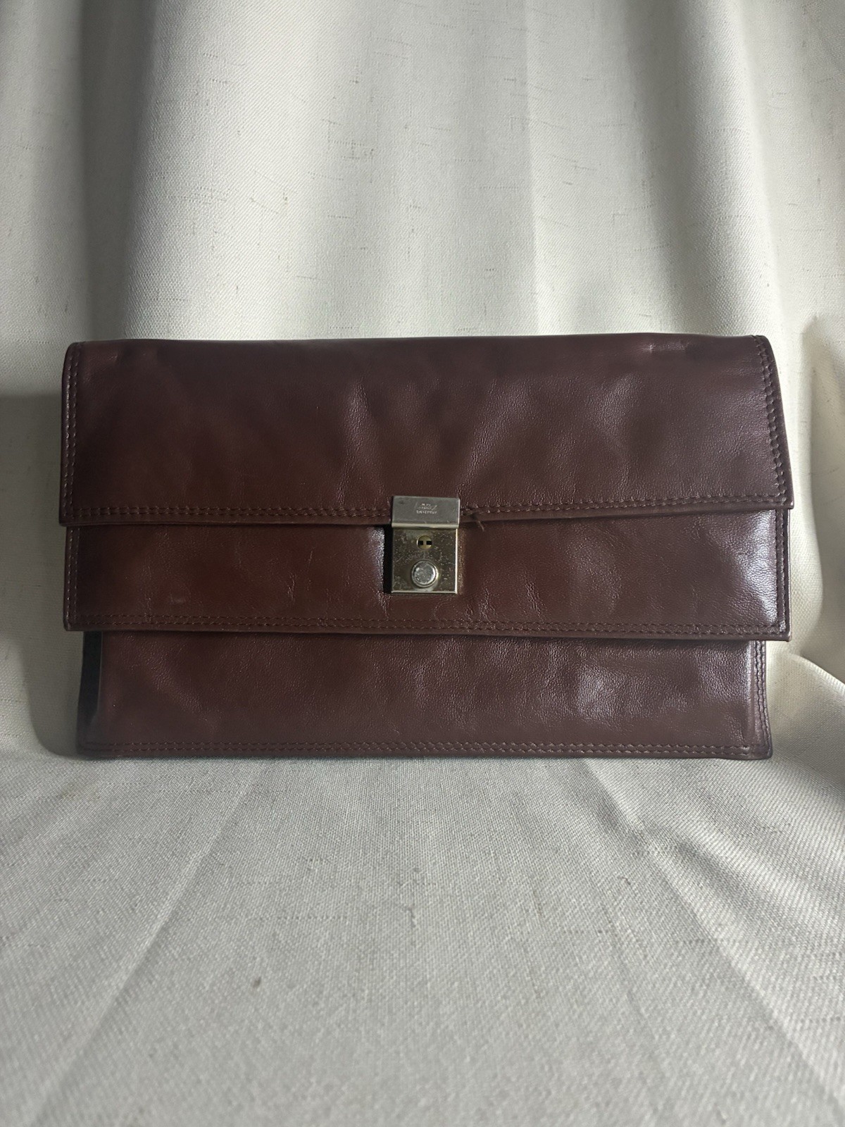 Vintage Genuine Leather Envelope Clutch Bag Brown Lock Closure