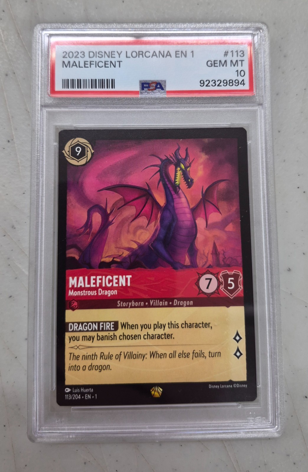Lorcana Maleficent, Monstrous Dragon #113 PSA 10 GEM MINT #92329894