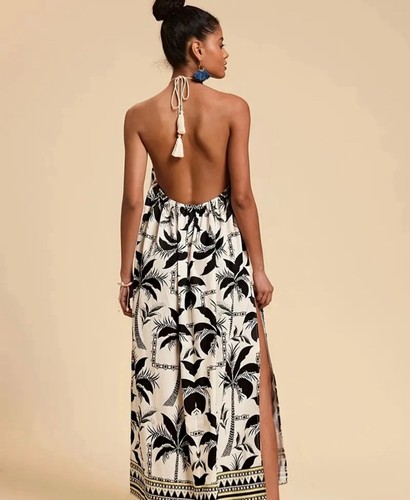 Women’s Large Tropical Print Halter Dress With Fringe Sundress Backless - 第 2/3 張圖片