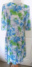 Vintage Floral Polyester Dress Blue Green Gored Skirt California Looks B38