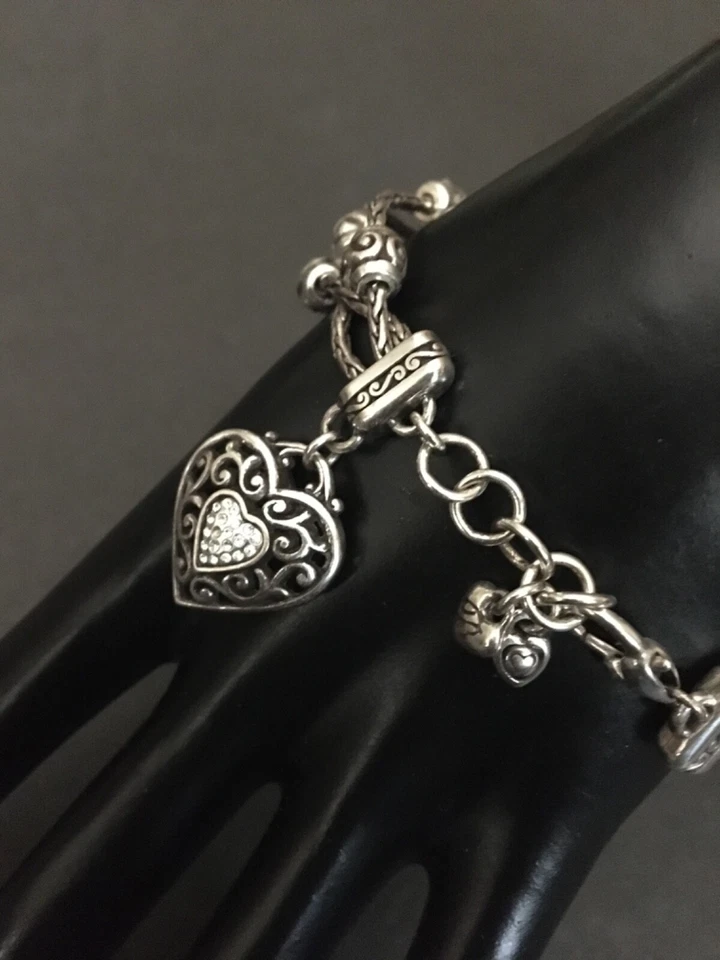 BRIGHTON Reno Heart Three Strand Silver Tone Charm Bracelet Rhinestone - Image 2 of 4