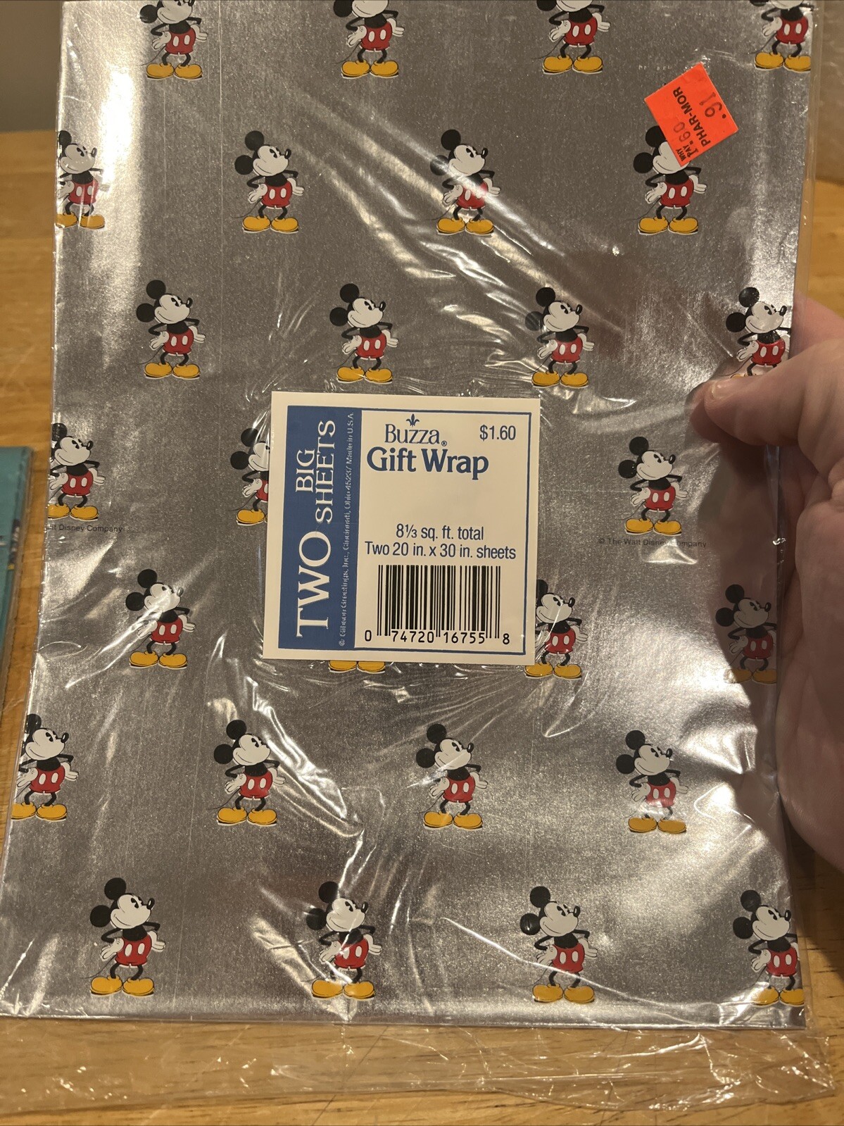 Vtg Disney Mickey Mouse Gift Sheet Wrapping Paper Hollywood Silver Blue Tissue
